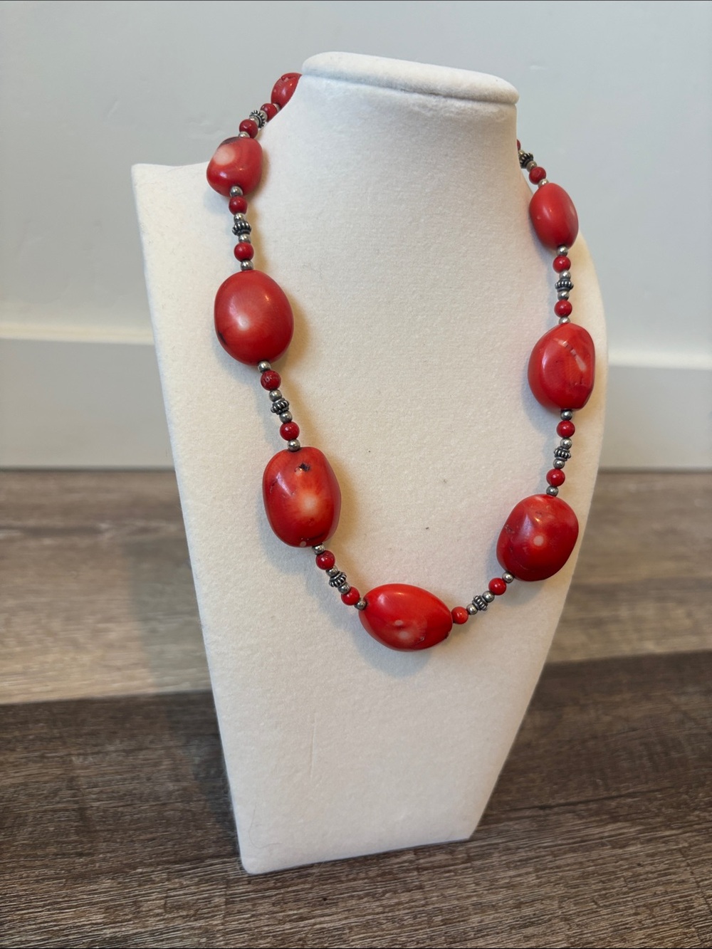 Vintage Red Bead Necklace with Silver Accents
